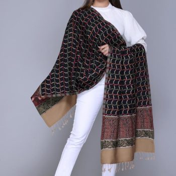 Traditional Pollywool Stole Shawl with Geometric Pattern, Black with Red Border, Paisley Design, Tassels