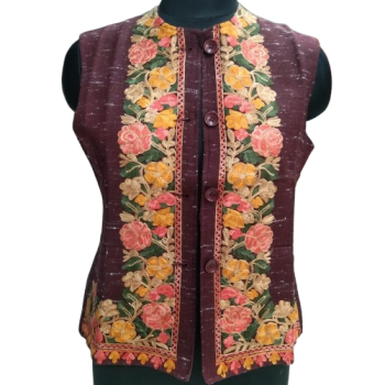 Floral Embroidered Sleeveless Button-Front Vest, Burgundy with Pink and Yellow Roses, Traditional Style