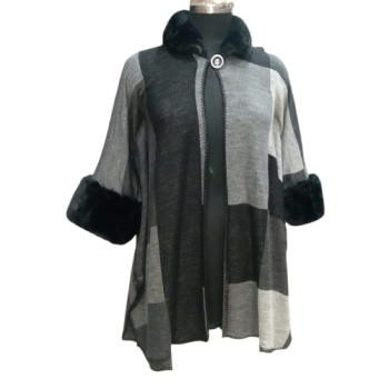 Women's Colour Block Cape Shawl with Faux Fur Collar and Cuffs, Grey and Black
