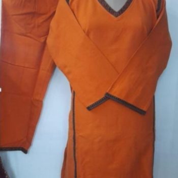 Orange Cotton Kurti Set with Black Trim, V-Neck, 3/4 Sleeves, Traditional Indian Ethnic Wear