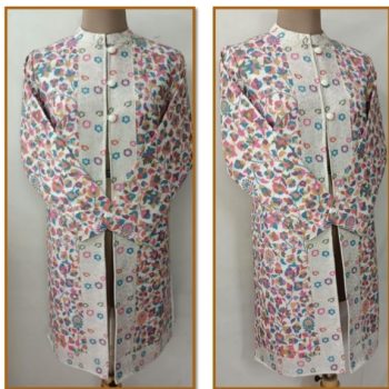 Floral Print Long Coat, Mandarin Collar, White with Pink and Blue Flowers, Front Zip Closure