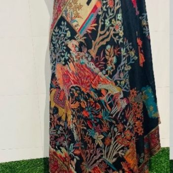 Handcrafted Designer Silk SHawl, Traditional Floral Print, Black with Multicolour Embroidered Border