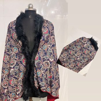Paisley Print Robe Stole with Black Faux Fur Trim, Long Sleeve, Navy Blue and Multicolor
