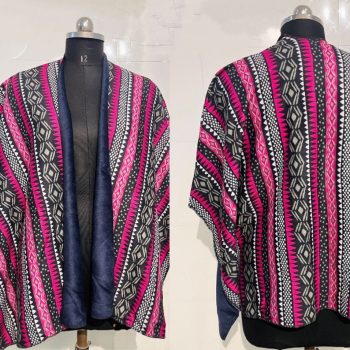 Women's Aztec Print Cape Shawl, Pink and Black Geometric Pattern, Navy Blue Border