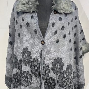 Women's Cape Shawl with Faux Fur Collar, Grey Floral Pattern, Polka Dots, Single Button Closure