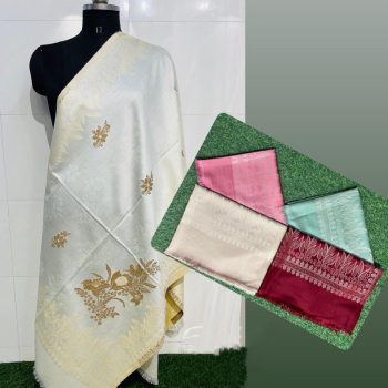 Traditional Silk Stole with Gold Floral Embroidery, Off-White, Multicolored Border
