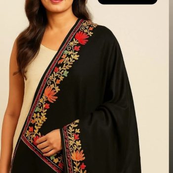 ZIEL Elegant Black Shawl with Floral Embroidered Border, Traditional Indian Wrap