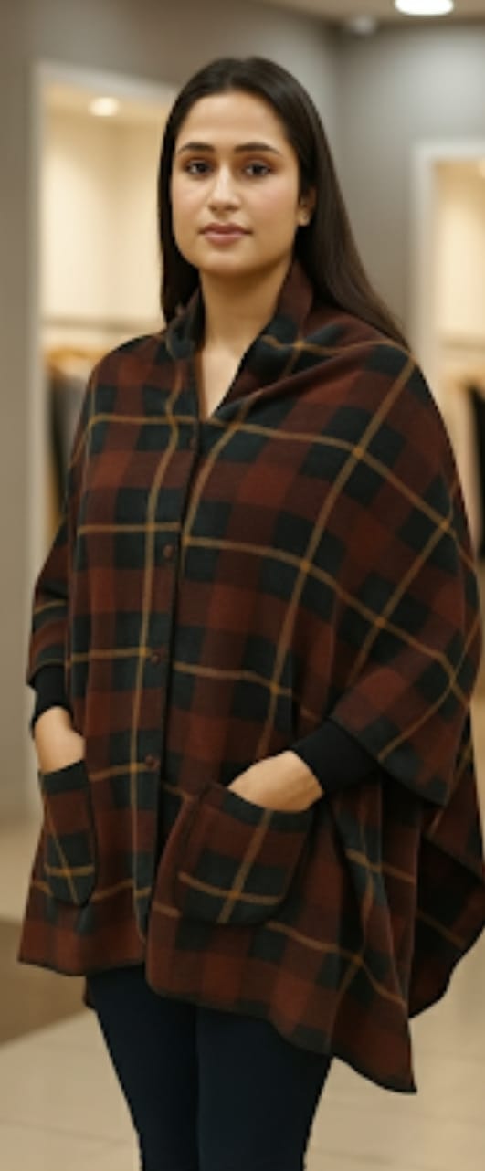 Stylish Woolen Poncho for Women | Brown Checkered Winter Cape with Pockets & Buttons woolen poncho, winter cape, stylish winter wear