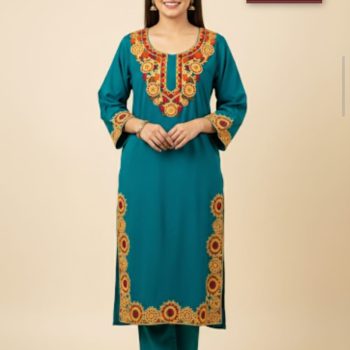 Ziel Women’s Cashmilon Kashmiri Embroidery Phiran for Women – Teal Blue Traditional Winter Outfit