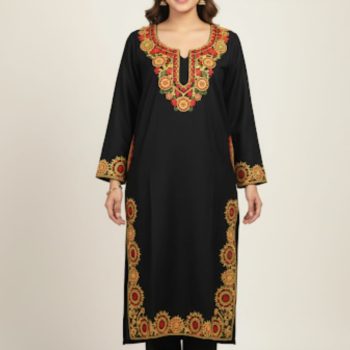 Ziel Women’s Cashmilon Kashmiri Embroidery Phiran for Women – Teal Blue Traditional Winter Outfit