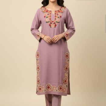 Ziel Women’s Cashmilon Kashmiri Embroidery Phiran for Women – Teal Blue Traditional Winter Outfit